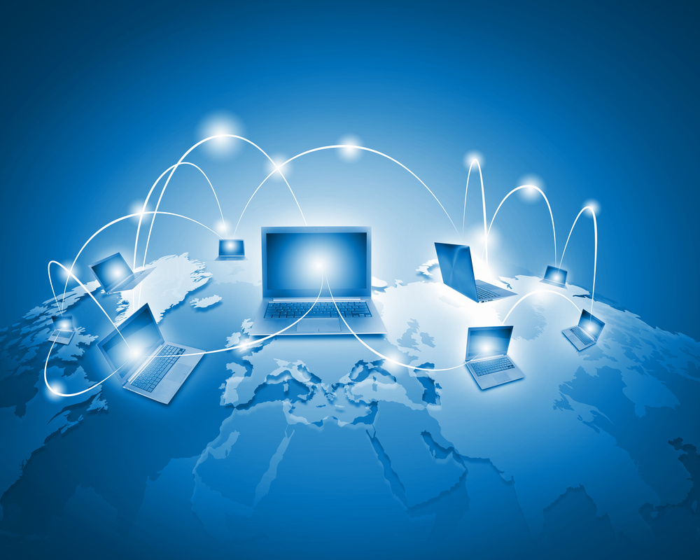 Laptops against globe blue illustration. Globalization concepts Laptops against globe blue illustration. Globalization concepts